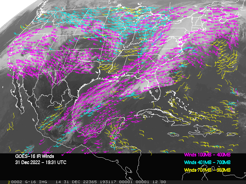 GOES-16 Long-Wave Infrared Derived Winds - CONUS - 12/31/2022 - 1931 GMT
