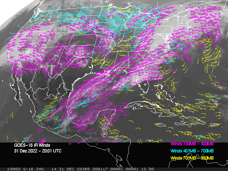 GOES-16 Long-Wave Infrared Derived Winds - CONUS - 12/31/2022 - 2001 GMT