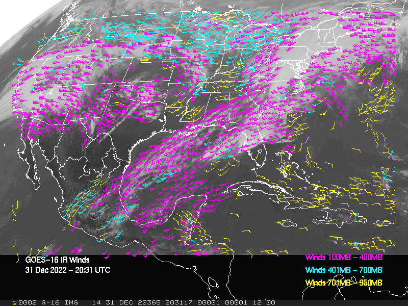 GOES-16 Long-Wave Infrared Derived Winds - CONUS - 12/31/2022 - 2031 GMT