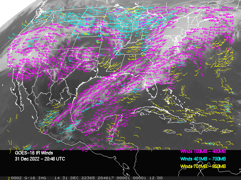 GOES-16 Long-Wave Infrared Derived Winds - CONUS - 12/31/2022 - 2046 GMT