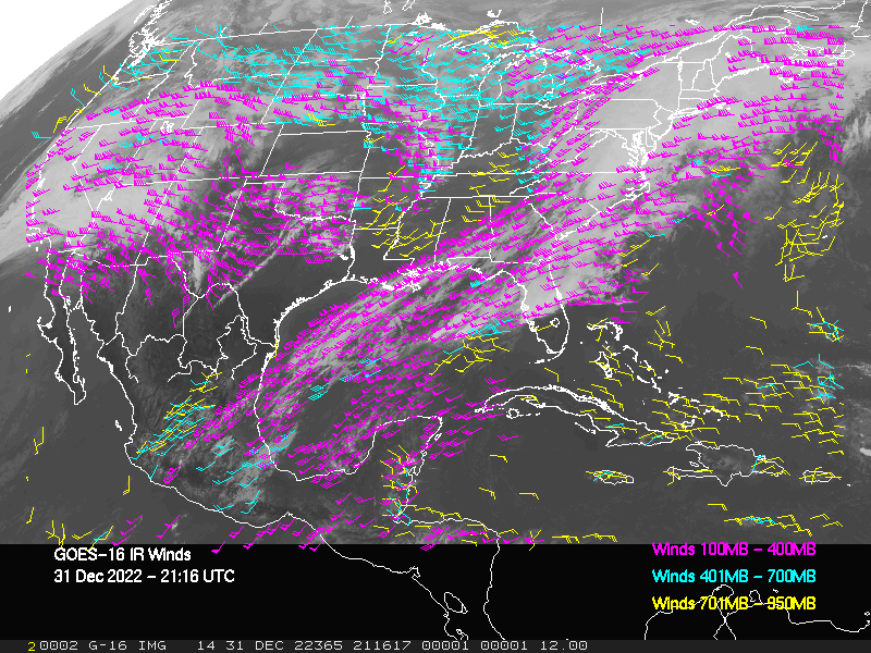 GOES-16 Long-Wave Infrared Derived Winds - CONUS - 12/31/2022 - 2116 GMT