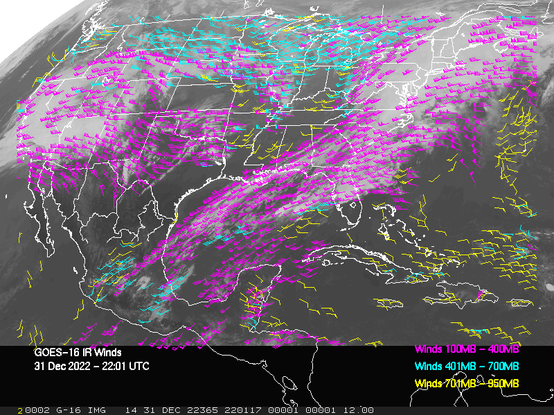 GOES-16 Long-Wave Infrared Derived Winds - CONUS - 12/31/2022 - 2201 GMT