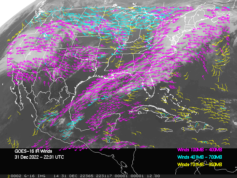 GOES-16 Long-Wave Infrared Derived Winds - CONUS - 12/31/2022 - 2231 GMT