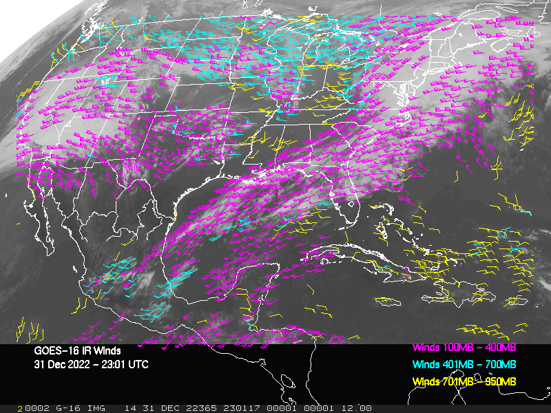 GOES-16 Long-Wave Infrared Derived Winds - CONUS - 12/31/2022 - 2301 GMT