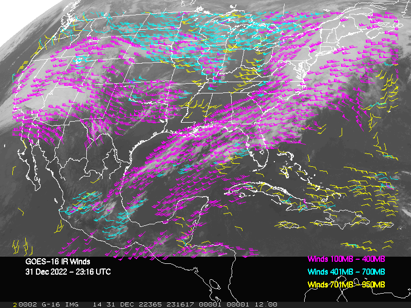 GOES-16 Long-Wave Infrared Derived Winds - CONUS - 12/31/2022 - 2316 GMT