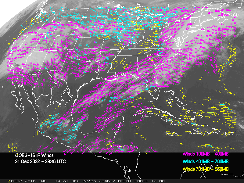 GOES-16 Long-Wave Infrared Derived Winds - CONUS - 12/31/2022 - 2346 GMT