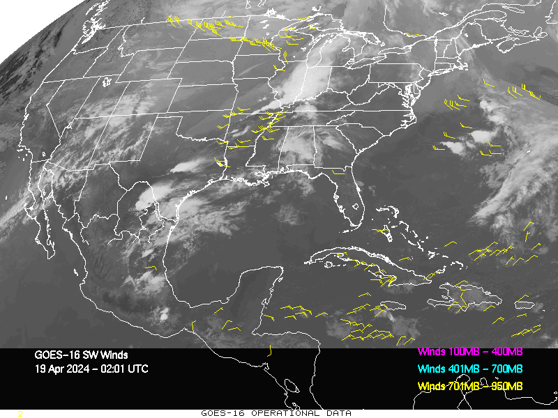 GOES-16 Short Wave Infrared Derived Winds - CONUS - 04/19/2024 - 0201 GMT