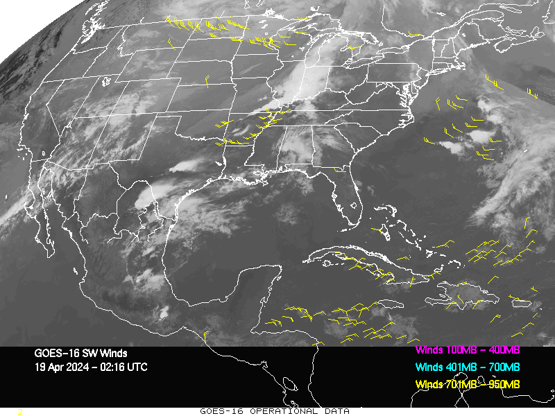 GOES-16 Short Wave Infrared Derived Winds - CONUS - 04/19/2024 - 0216 GMT