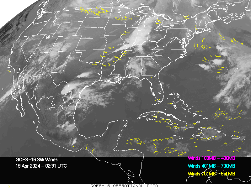 GOES-16 Short Wave Infrared Derived Winds - CONUS - 04/19/2024 - 0231 GMT