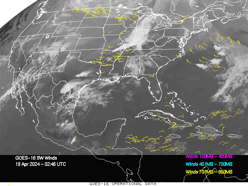 GOES-16 Short Wave Infrared Derived Winds - CONUS - 04/19/2024 - 0246 GMT