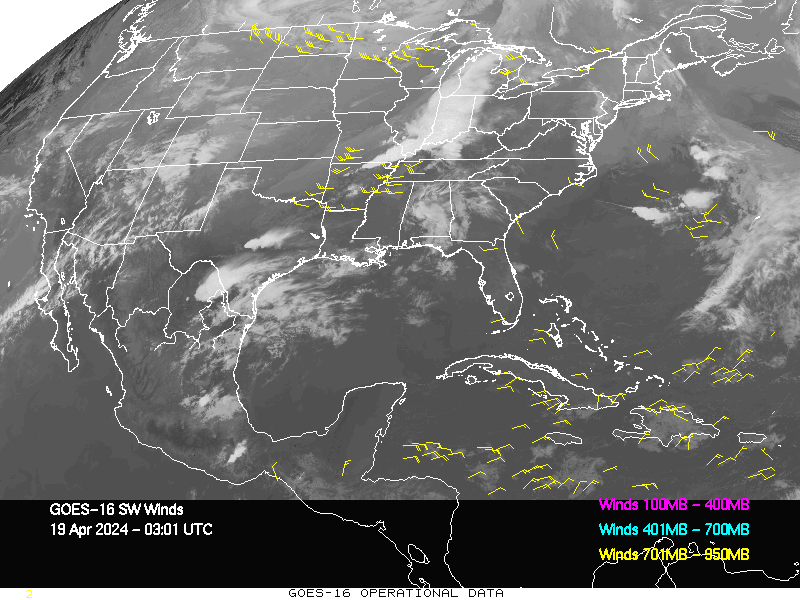 GOES-16 Short Wave Infrared Derived Winds - CONUS - 04/19/2024 - 0301 GMT