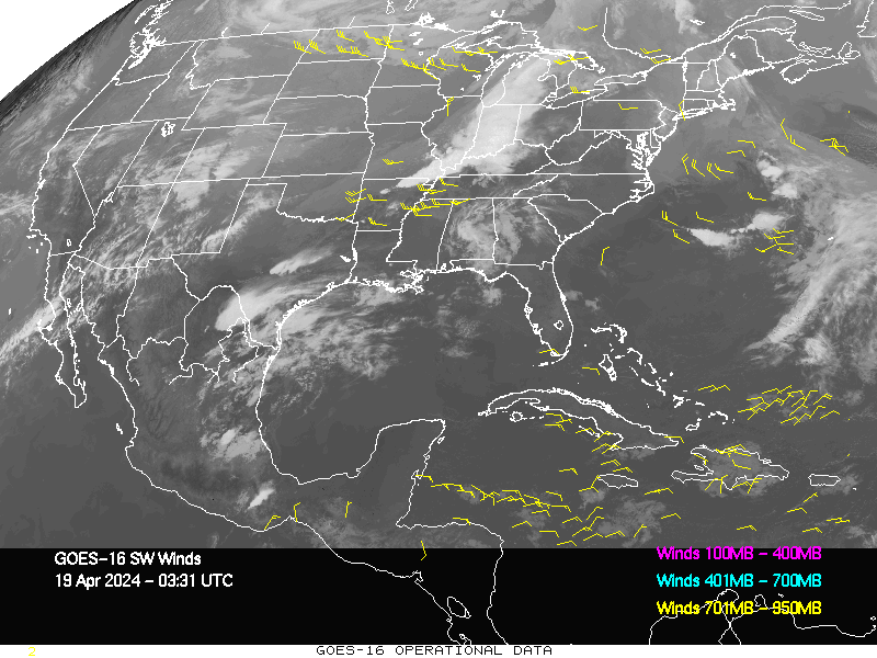 GOES-16 Short Wave Infrared Derived Winds - CONUS - 04/19/2024 - 0331 GMT