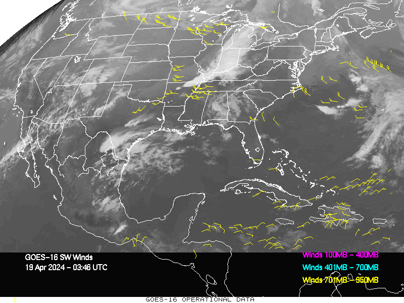GOES-16 Short Wave Infrared Derived Winds - CONUS - 04/19/2024 - 0346 GMT