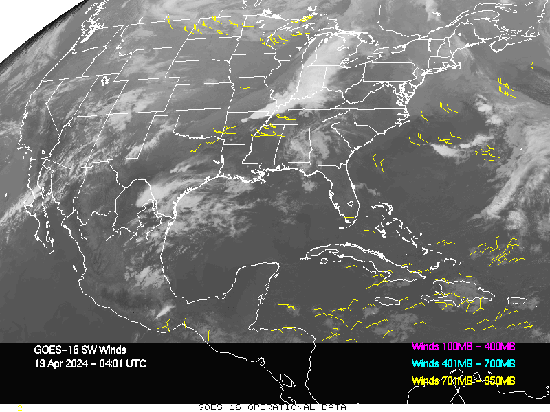 GOES-16 Short Wave Infrared Derived Winds - CONUS - 04/19/2024 - 0401 GMT