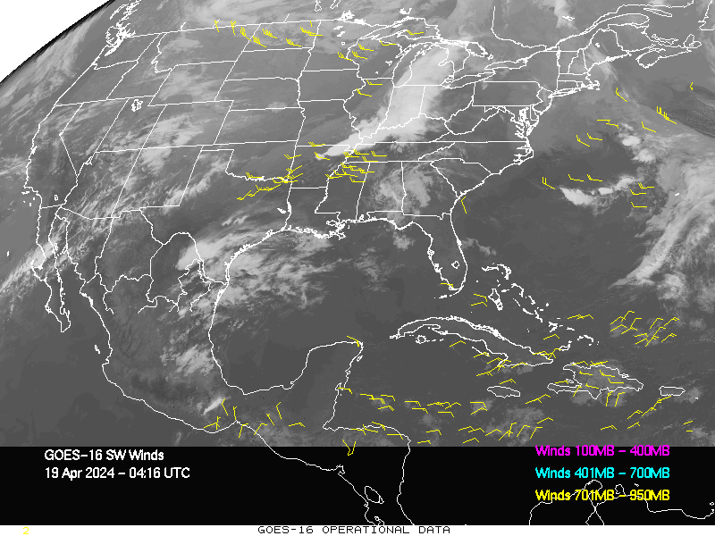 GOES-16 Short Wave Infrared Derived Winds - CONUS - 04/19/2024 - 0416 GMT