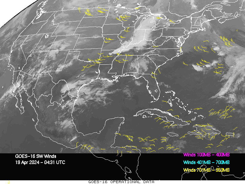 GOES-16 Short Wave Infrared Derived Winds - CONUS - 04/19/2024 - 0431 GMT