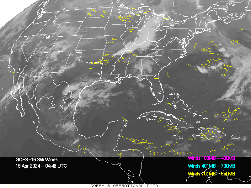 GOES-16 Short Wave Infrared Derived Winds - CONUS - 04/19/2024 - 0446 GMT