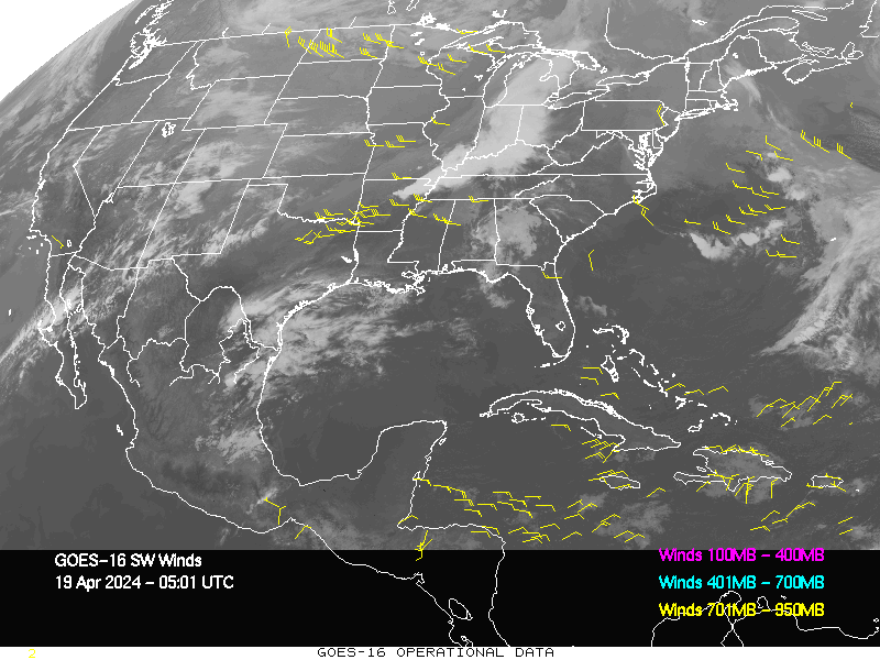 GOES-16 Short Wave Infrared Derived Winds - CONUS - 04/19/2024 - 0501 GMT