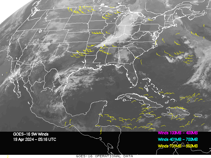 GOES-16 Short Wave Infrared Derived Winds - CONUS - 04/19/2024 - 0516 GMT