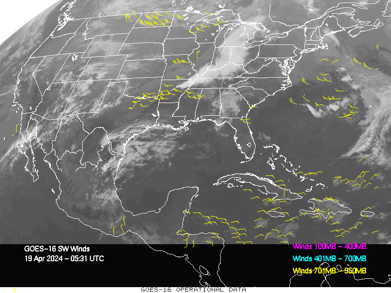 GOES-16 Short Wave Infrared Derived Winds - CONUS - 04/19/2024 - 0531 GMT