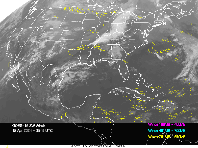 GOES-16 Short Wave Infrared Derived Winds - CONUS - 04/19/2024 - 0546 GMT