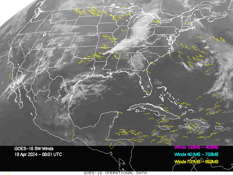 GOES-16 Short Wave Infrared Derived Winds - CONUS - 04/19/2024 - 0601 GMT