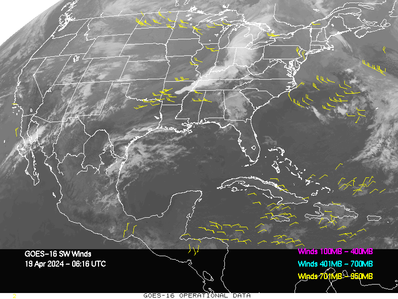 GOES-16 Short Wave Infrared Derived Winds - CONUS - 04/19/2024 - 0616 GMT