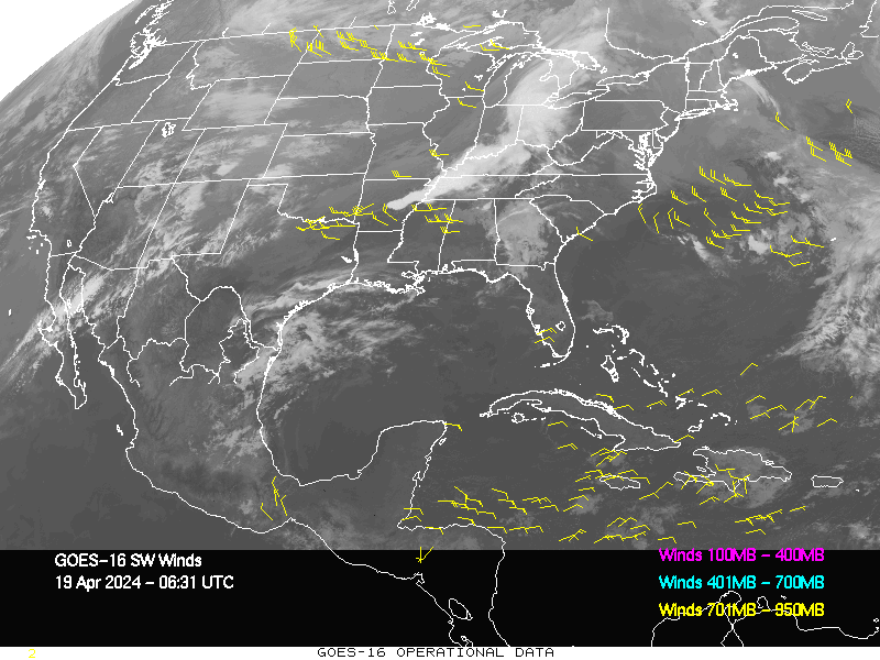 GOES-16 Short Wave Infrared Derived Winds - CONUS - 04/19/2024 - 0631 GMT