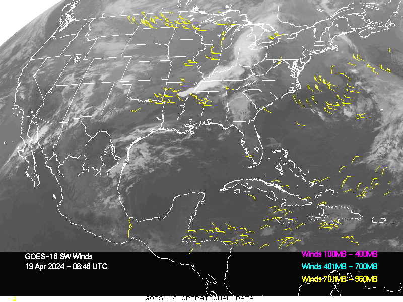 GOES-16 Short Wave Infrared Derived Winds - CONUS - 04/19/2024 - 0646 GMT