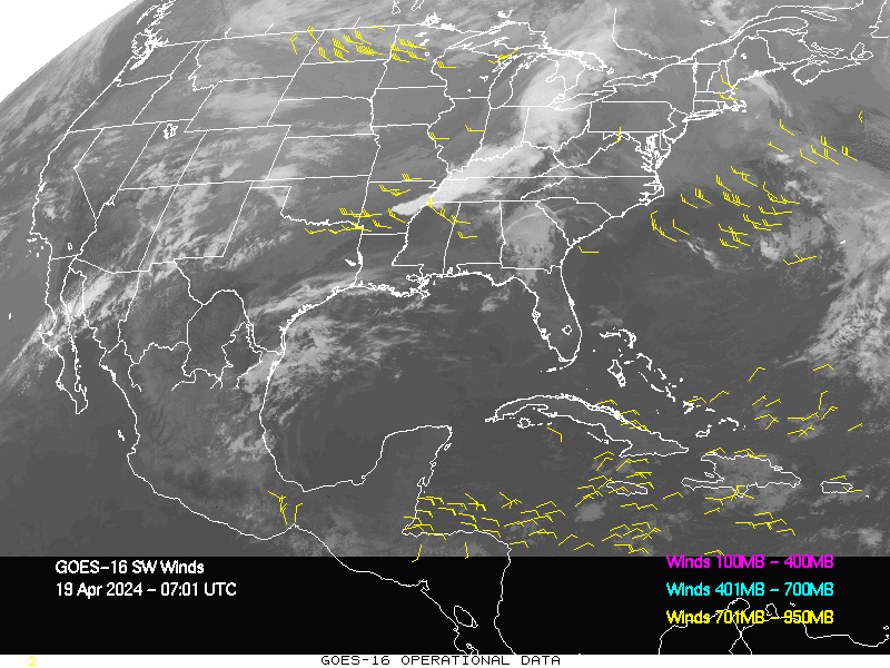 GOES-16 Short Wave Infrared Derived Winds - CONUS - 04/19/2024 - 0701 GMT