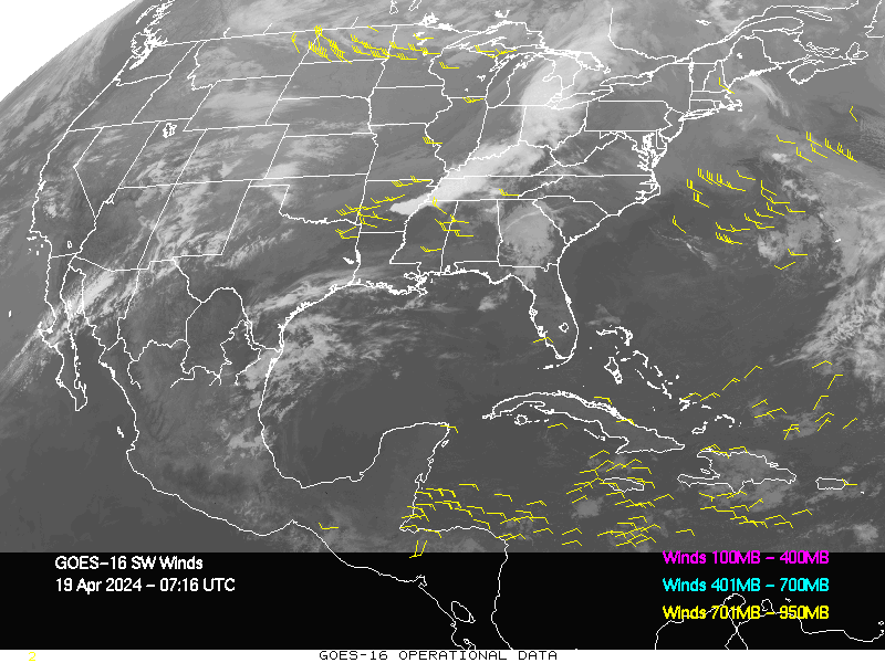 GOES-16 Short Wave Infrared Derived Winds - CONUS - 04/19/2024 - 0716 GMT