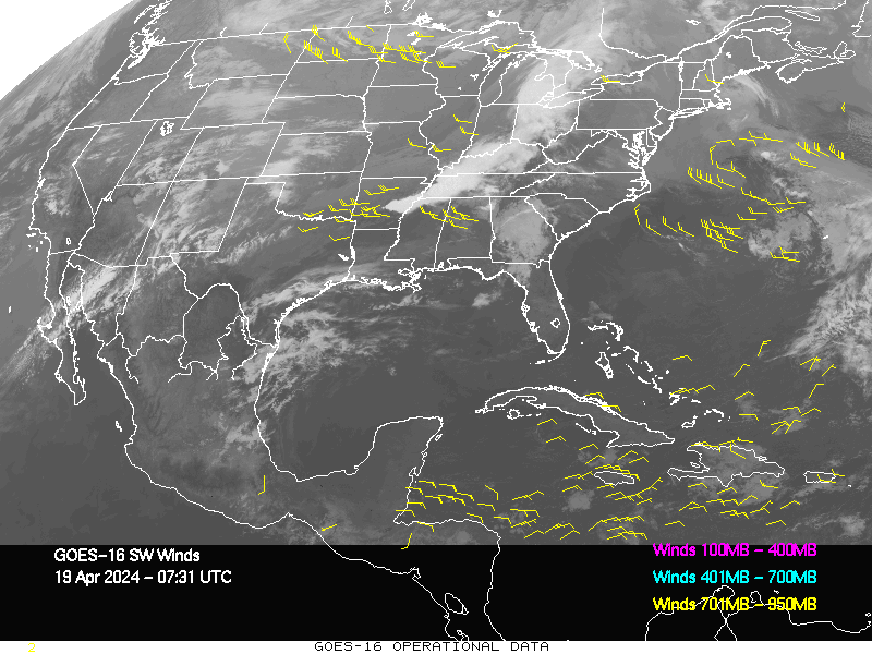 GOES-16 Short Wave Infrared Derived Winds - CONUS - 04/19/2024 - 0731 GMT