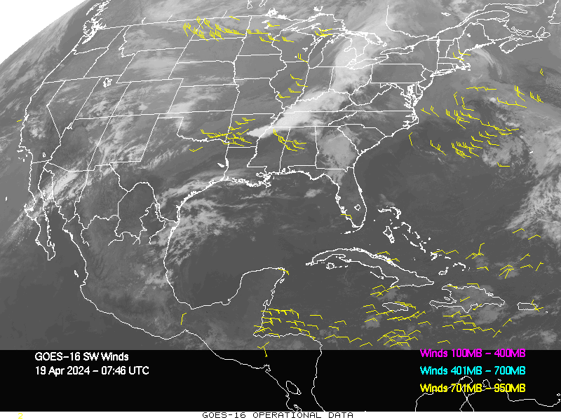 GOES-16 Short Wave Infrared Derived Winds - CONUS - 04/19/2024 - 0746 GMT