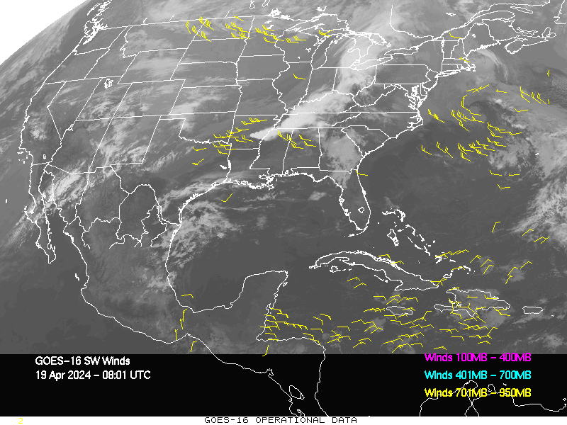 GOES-16 Short Wave Infrared Derived Winds - CONUS - 04/19/2024 - 0801 GMT