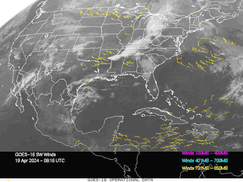 GOES-16 Short Wave Infrared Derived Winds - CONUS - 04/19/2024 - 0816 GMT