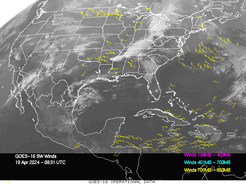GOES-16 Short Wave Infrared Derived Winds - CONUS - 04/19/2024 - 0831 GMT