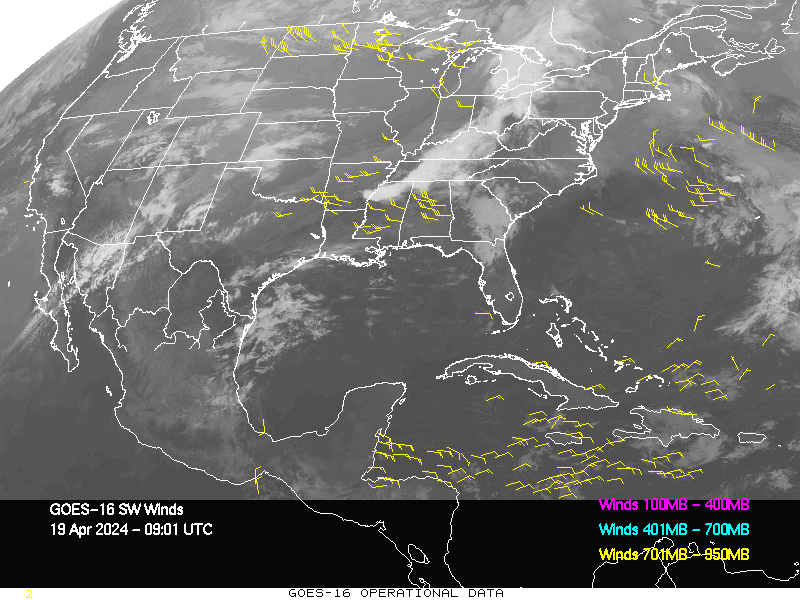 GOES-16 Short Wave Infrared Derived Winds - CONUS - 04/19/2024 - 0901 GMT
