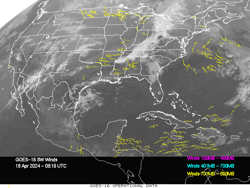 GOES-16 Short Wave Infrared Derived Winds - CONUS - 04/19/2024 - 0916 GMT