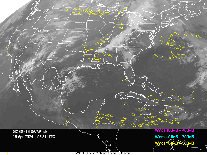 GOES-16 Short Wave Infrared Derived Winds - CONUS - 04/19/2024 - 0931 GMT