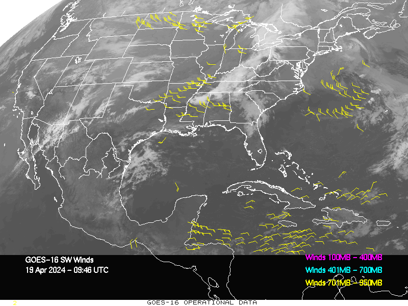 GOES-16 Short Wave Infrared Derived Winds - CONUS - 04/19/2024 - 0946 GMT