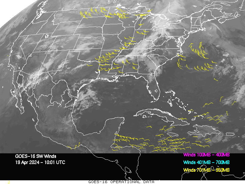 GOES-16 Short Wave Infrared Derived Winds - CONUS - 04/19/2024 - 1001 GMT