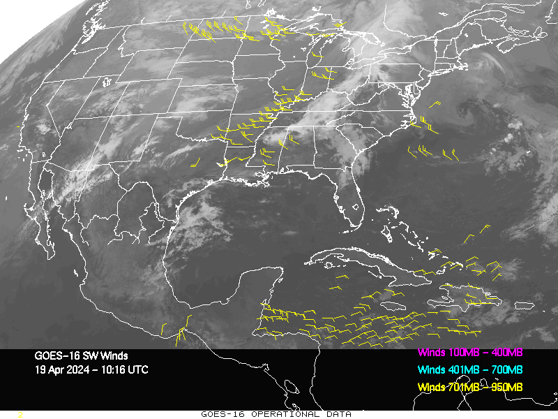 GOES-16 Short Wave Infrared Derived Winds - CONUS - 04/19/2024 - 1016 GMT