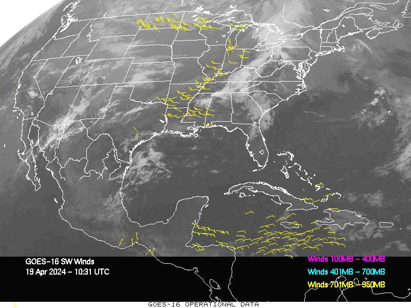 GOES-16 Short Wave Infrared Derived Winds - CONUS - 04/19/2024 - 1031 GMT