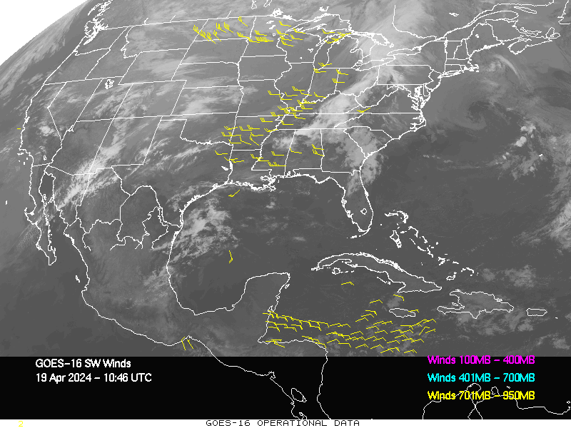 GOES-16 Short Wave Infrared Derived Winds - CONUS - 04/19/2024 - 1046 GMT