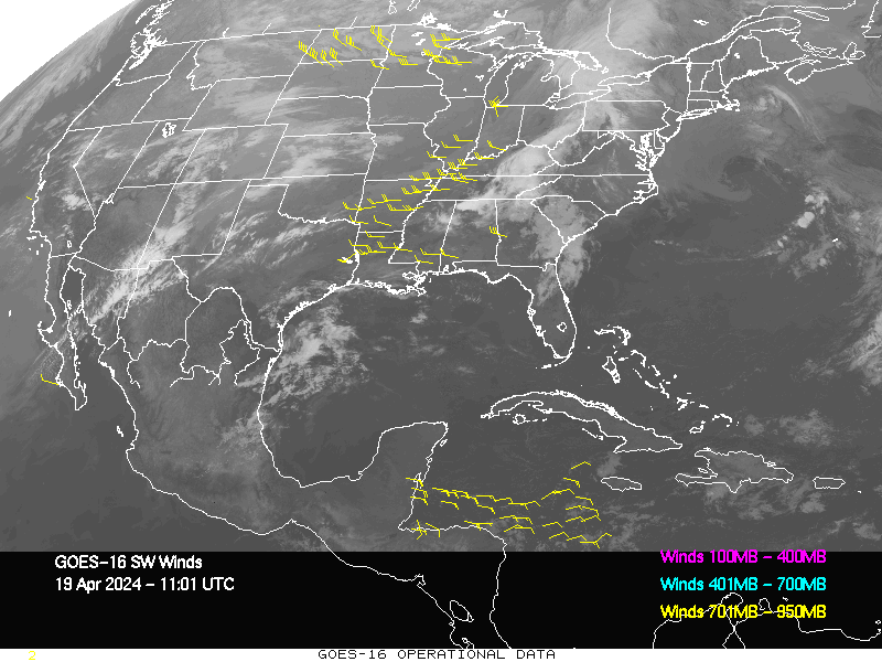 GOES-16 Short Wave Infrared Derived Winds - CONUS - 04/19/2024 - 1101 GMT