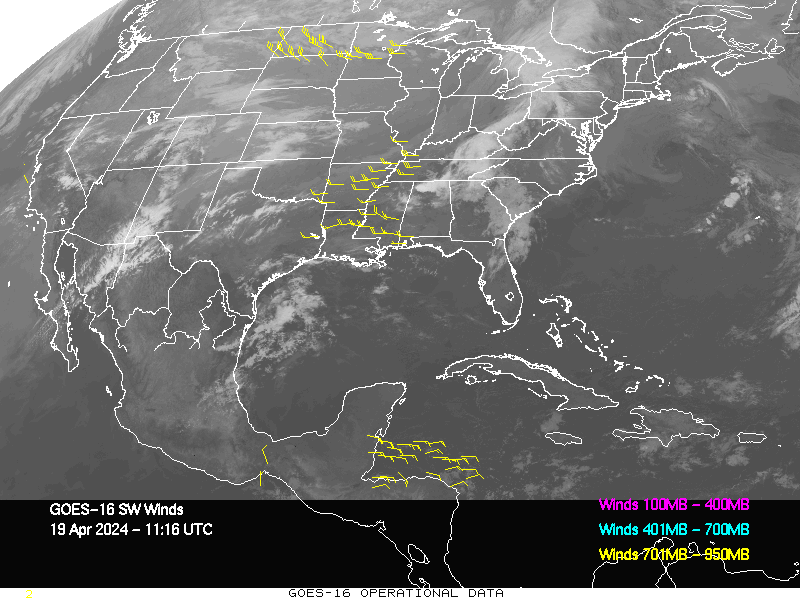 GOES-16 Short Wave Infrared Derived Winds - CONUS - 04/19/2024 - 1116 GMT