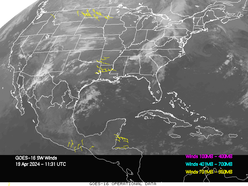 GOES-16 Short Wave Infrared Derived Winds - CONUS - 04/19/2024 - 1131 GMT