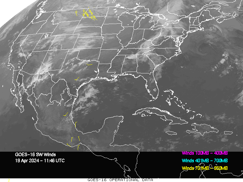 GOES-16 Short Wave Infrared Derived Winds - CONUS - 04/19/2024 - 1146 GMT