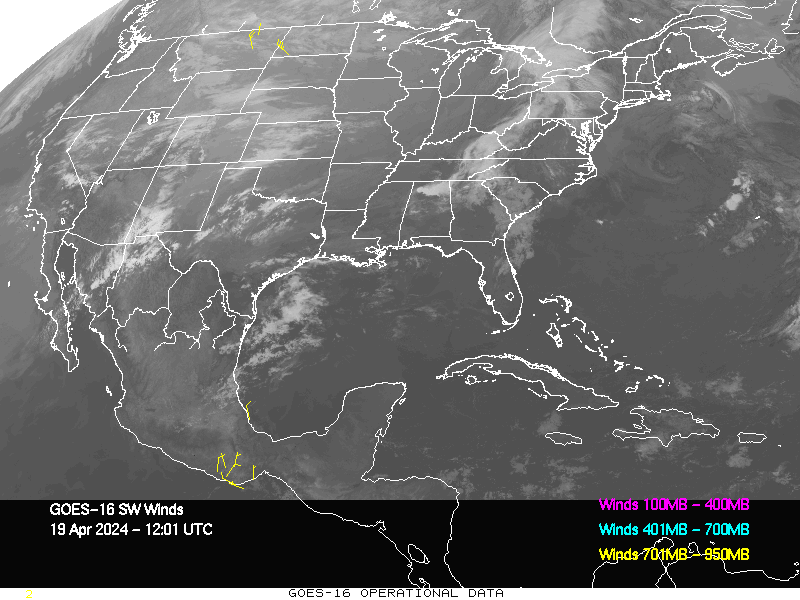 GOES-16 Short Wave Infrared Derived Winds - CONUS - 04/19/2024 - 1201 GMT