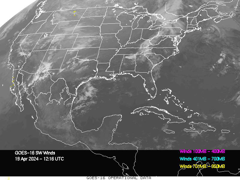 GOES-16 Short Wave Infrared Derived Winds - CONUS - 04/19/2024 - 1216 GMT